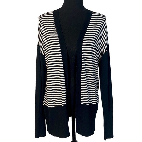 DKNY Womens P/S Cardigan Sweater Black White Striped Wool Blend Knit Open Front - Picture 1 of 6